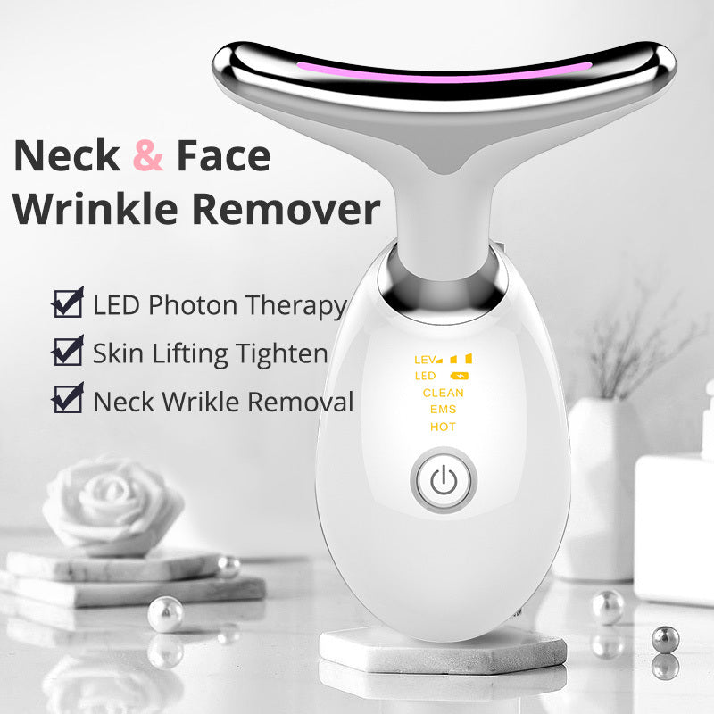 Neck Firming Device with LED Photon Therapy – 3 Color Lights, EMS Vibration, Heat Massage, Ionic Skin Care, Wrinkle Remover, Rechargeable Neck Massager for Lifting & Rejuvenation